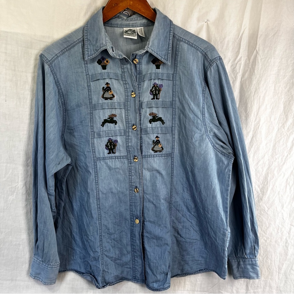 Hammerschmid Vintage Chambray Shirt Womens Size 40 German Cotton Embroidered